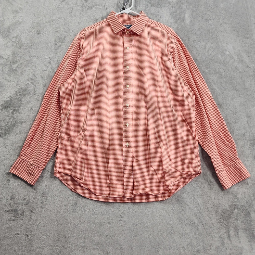 Vintage Polo By Ralph Lauren Shirt Mens XL Orange Gingham Check Long Sleeve